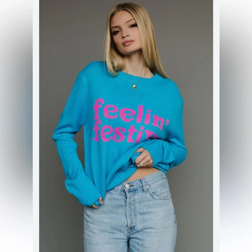 Panache Apparel FEELIN' FESTIVE SWEATER - BLUE Small - Picture 1 of 10